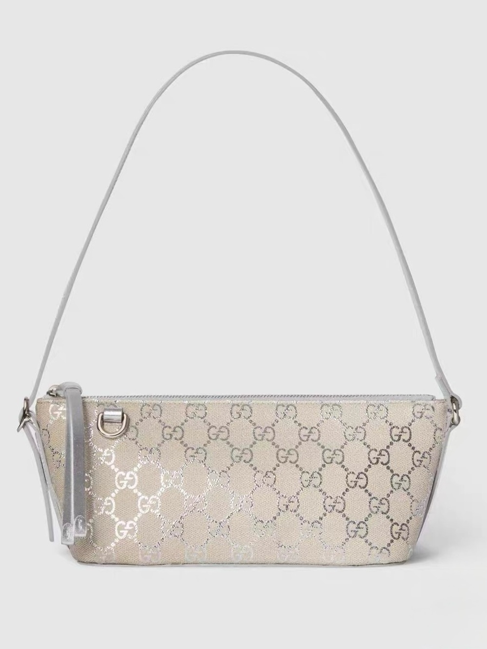 Gucci Metallic Beige GG Canvas Shoulder Bag with Silver Strap